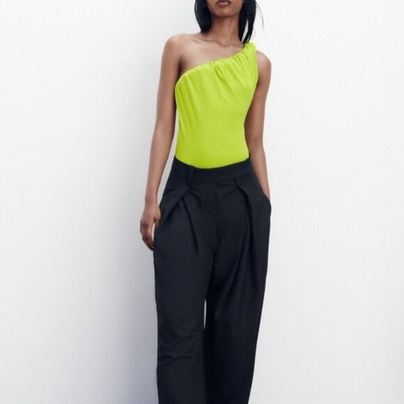 NWT ZARA Draped Asymmetrical Neckline and Strap Pistachio Bodysuit 5039/332 Sz S - Picture 1 of 16